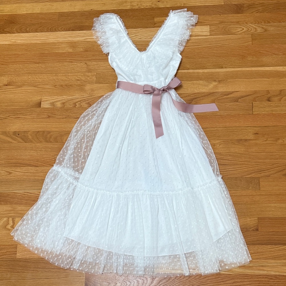 White Swiss Dot Tulle V-neck Dress with Pink Sash